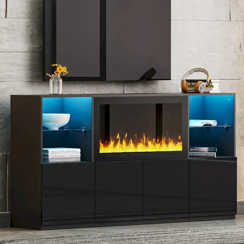 TV Stand with 34.2 Non-heating Electric Fireplace,Entertainment Center with LED Light,Tempered Glass Shelves for TVs up to 75