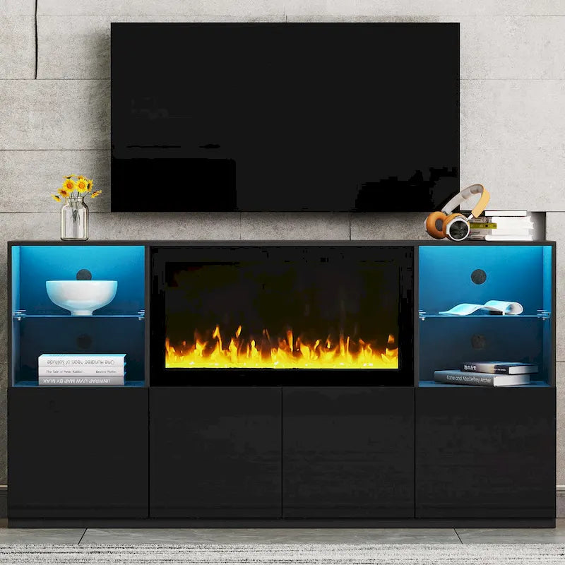 TV Stand with 34.2 Non-heating Electric Fireplace,Entertainment Center with LED Light,Tempered Glass Shelves for TVs up to 75