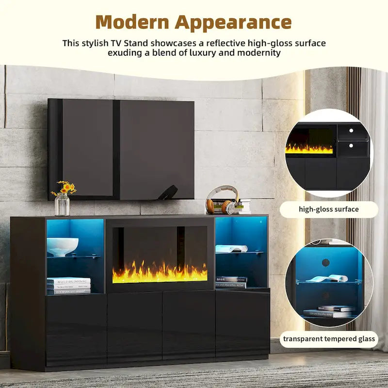 TV Stand with 34.2 Non-heating Electric Fireplace,Entertainment Center with LED Light,Tempered Glass Shelves for TVs up to 75