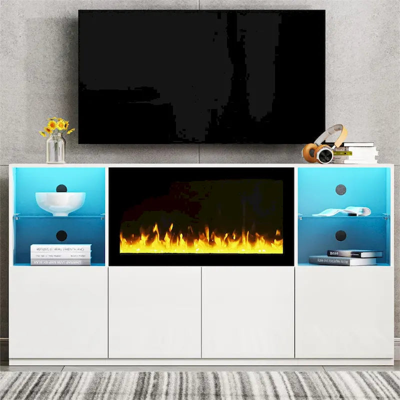 TV Stand with 34.2 Non-heating Electric Fireplace,Entertainment Center with LED Light,Tempered Glass Shelves for TVs up to 75