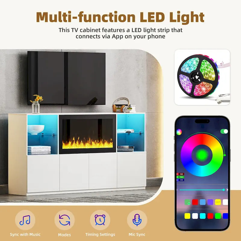 TV Stand with 34.2 Non-heating Electric Fireplace,Entertainment Center with LED Light,Tempered Glass Shelves for TVs up to 75