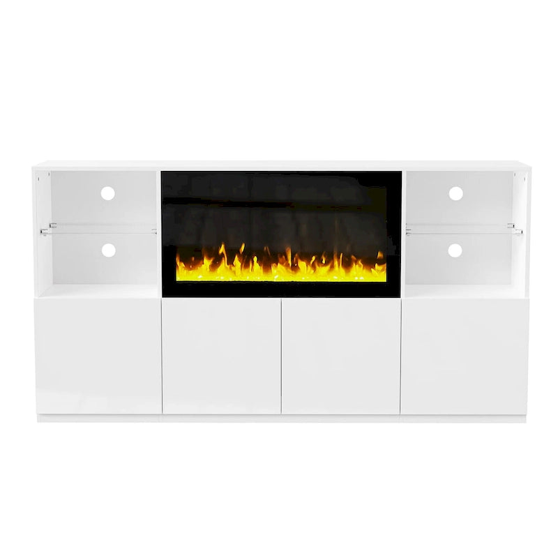 TV Stand with 34.2 Non-heating Electric Fireplace,Entertainment Center with LED Light,Tempered Glass Shelves for TVs up to 75
