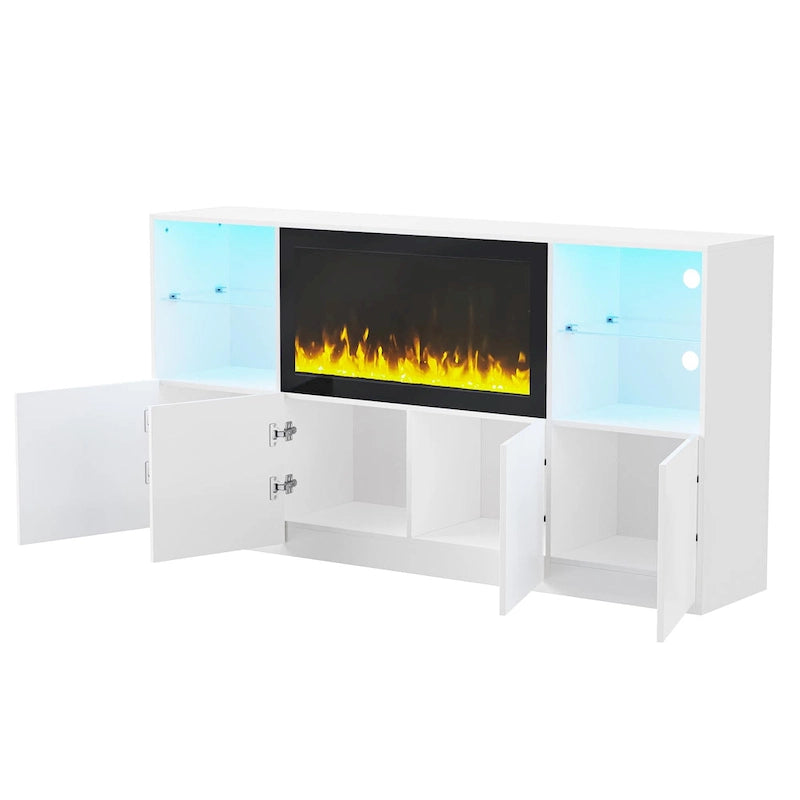 TV Stand with 34.2 Non-heating Electric Fireplace,Entertainment Center with LED Light,Tempered Glass Shelves for TVs up to 75