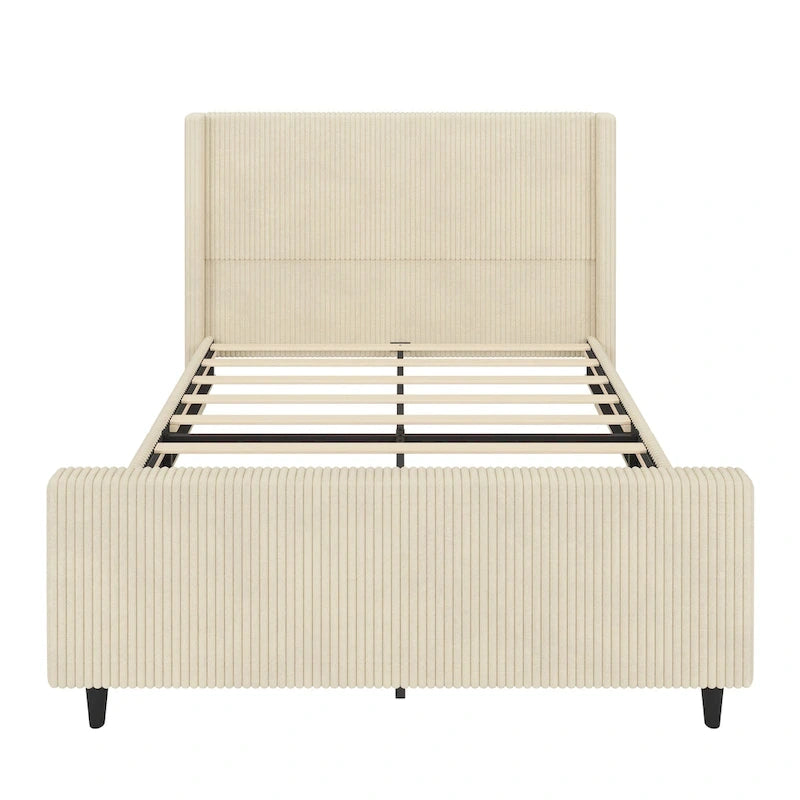 Corduroy Upholstered Bed Wingback Frame with Vertical Stripe Headboard, Footboard, Low-Profile Platform Bed, Sleigh Panel Bed