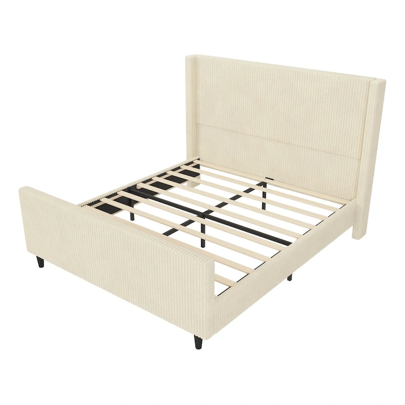 Corduroy Upholstered Bed Wingback Frame with Vertical Stripe Headboard, Footboard, Low-Profile Platform Bed, Sleigh Panel Bed
