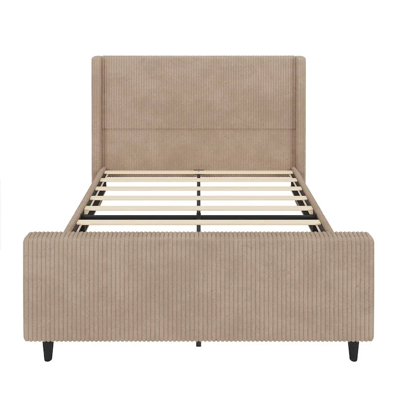 Corduroy Upholstered Bed Wingback Frame with Vertical Stripe Headboard, Footboard, Low-Profile Platform Bed, Sleigh Panel Bed