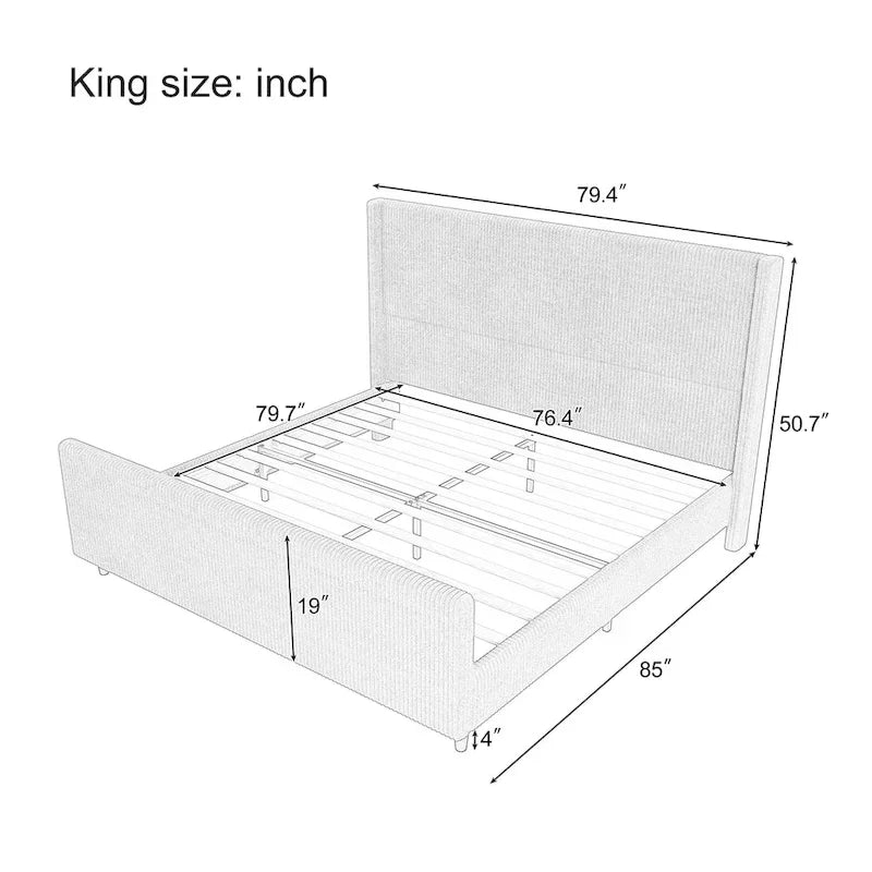 Corduroy Upholstered Bed Wingback Frame with Vertical Stripe Headboard, Footboard, Low-Profile Platform Bed, Sleigh Panel Bed