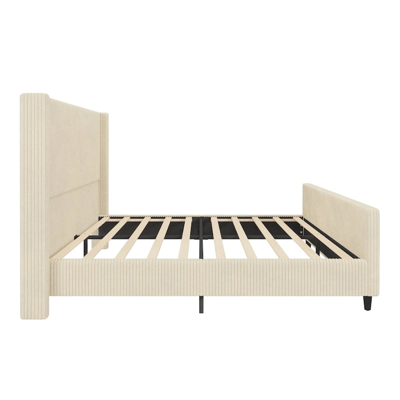 Corduroy Upholstered Bed Wingback Frame with Vertical Stripe Headboard, Footboard, Low-Profile Platform Bed, Sleigh Panel Bed