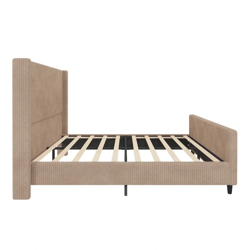 Corduroy Upholstered Bed Wingback Frame with Vertical Stripe Headboard, Footboard, Low-Profile Platform Bed, Sleigh Panel Bed