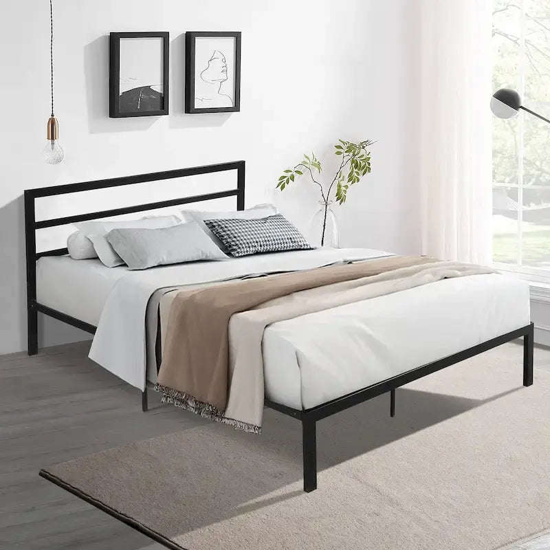 Modern Style Queen Size Strong Steel Metal Platform Bed with Headboard for Bedroom