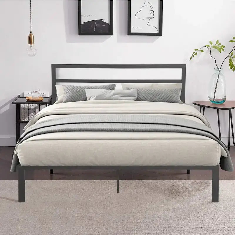 Modern Style Queen Size Strong Steel Metal Platform Bed with Headboard for Bedroom