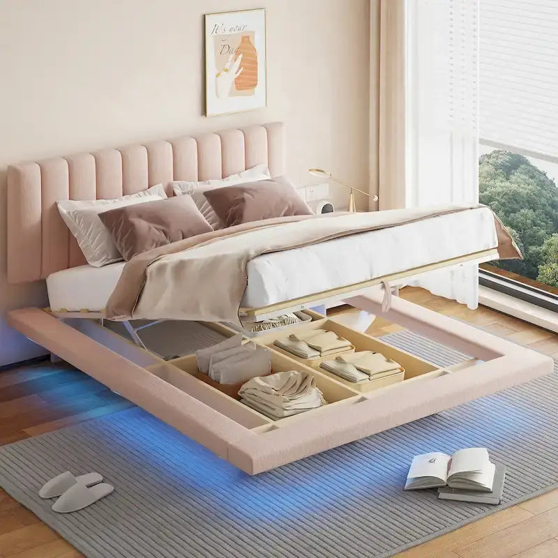 Queen Size Floating Bed with LED Light and USB