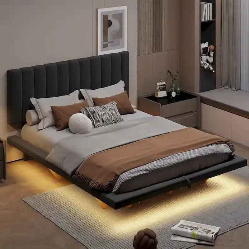 Queen Size Floating Bed with LED Light and USB