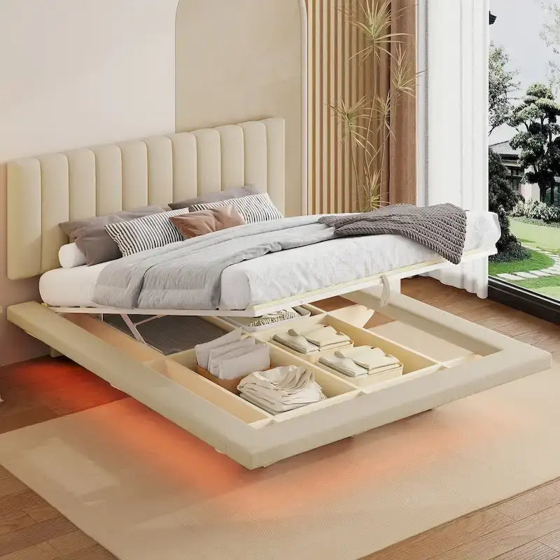 Queen Size Floating Bed with LED Light and USB