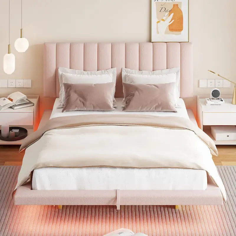 Queen Size Floating Bed with LED Light and USB