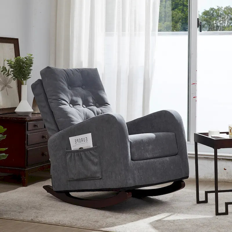 Modern 28.74 High Back Upholstered Buttons Tufted Rocking Chair with Solid Wood Legs and Side Pocket