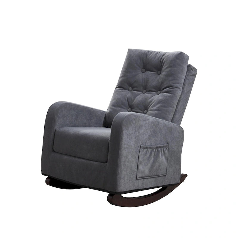 Modern 28.74 High Back Upholstered Buttons Tufted Rocking Chair with Solid Wood Legs and Side Pocket