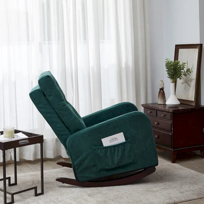 Modern 28.74 High Back Upholstered Buttons Tufted Rocking Chair with Solid Wood Legs and Side Pocket
