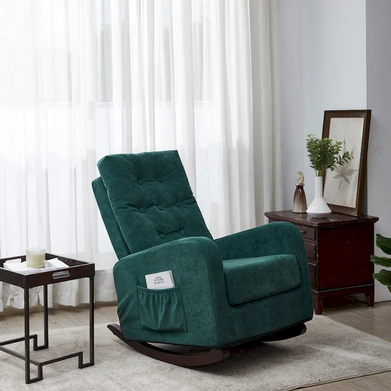 Modern 28.74 High Back Upholstered Buttons Tufted Rocking Chair with Solid Wood Legs and Side Pocket