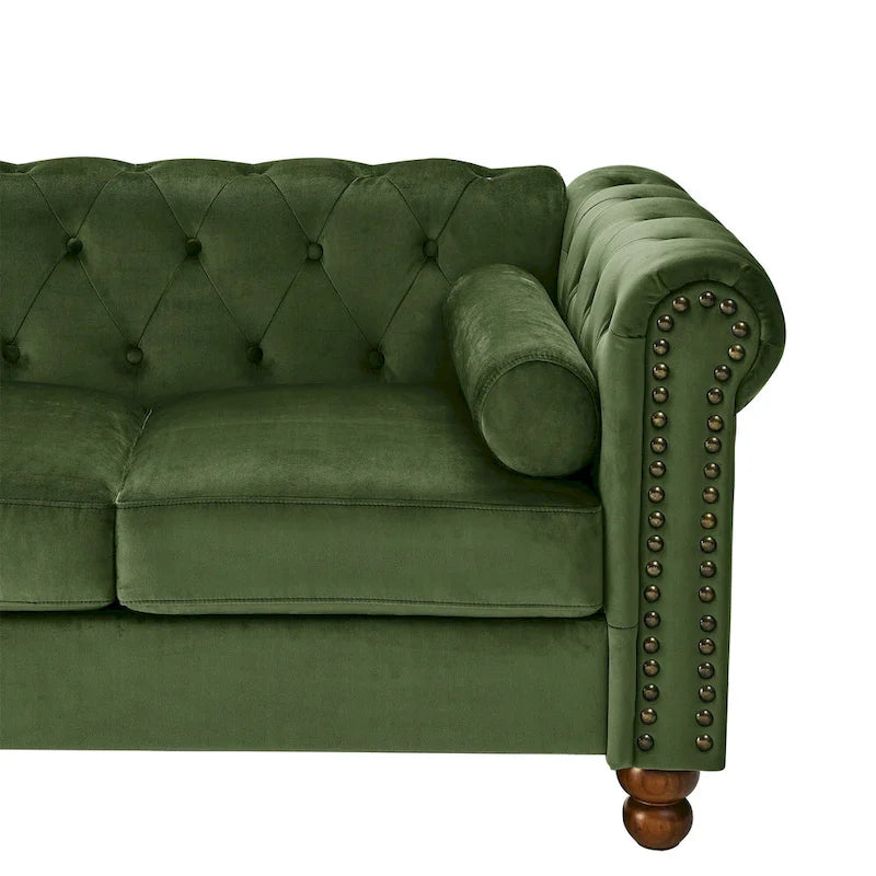 Green 74.5 Velvet Chesterfield Sofa with Button Tufting, Scrolled Arms, Turned Legs, and Elegant Design