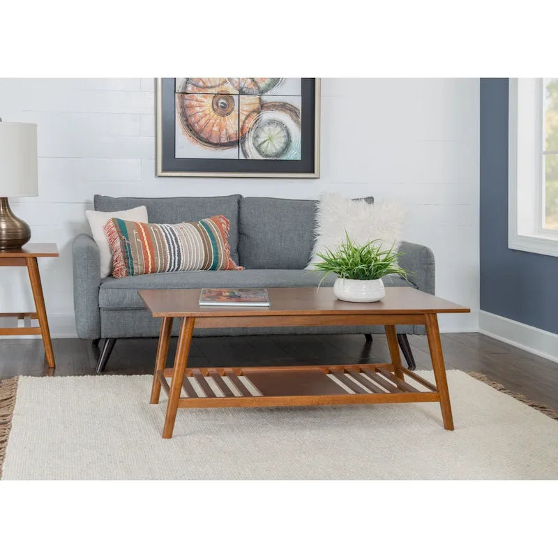 Mid-Century Coffee Table with Bottom Shelf - 47 - Brown