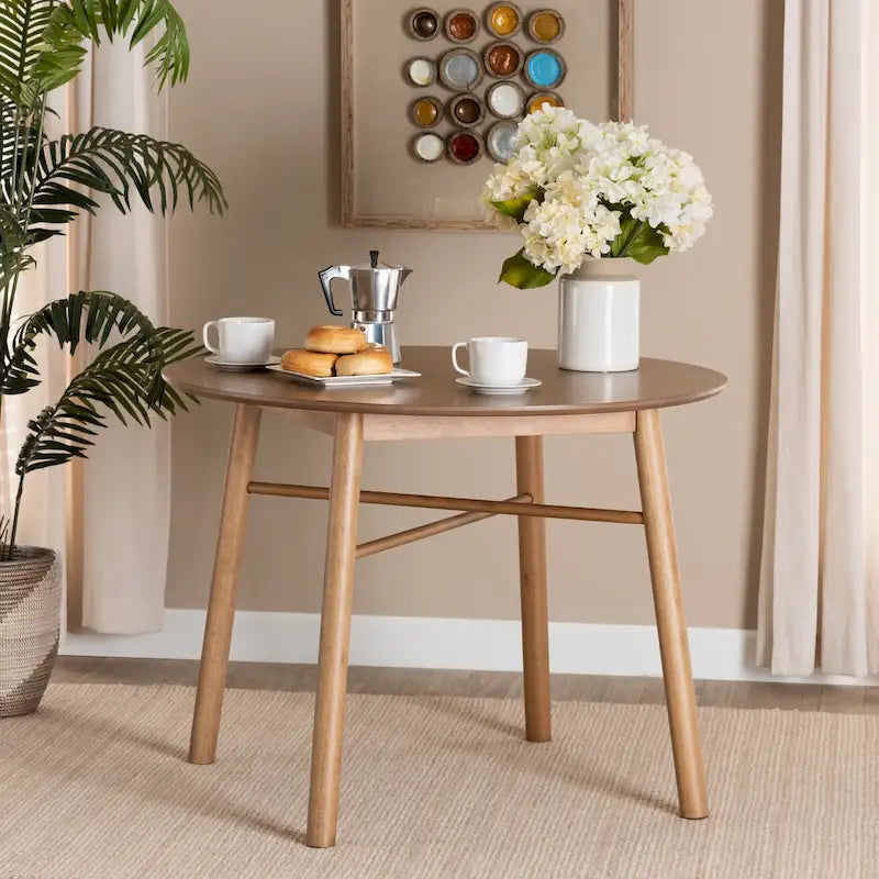 Mid-Century Modern French Oak Brown Finished Rubberwood Dining Table