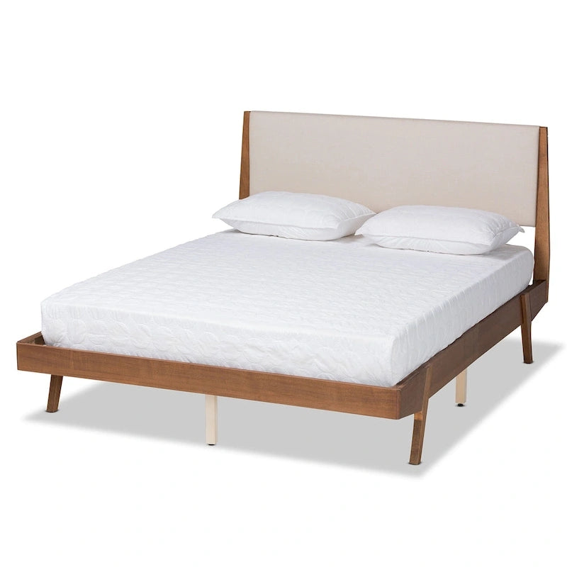 Mid-Century Modern Fabric Upholstered Wood Platform Bed in Beige