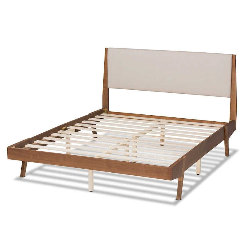 Mid-Century Modern Fabric Upholstered Wood Platform Bed in Beige