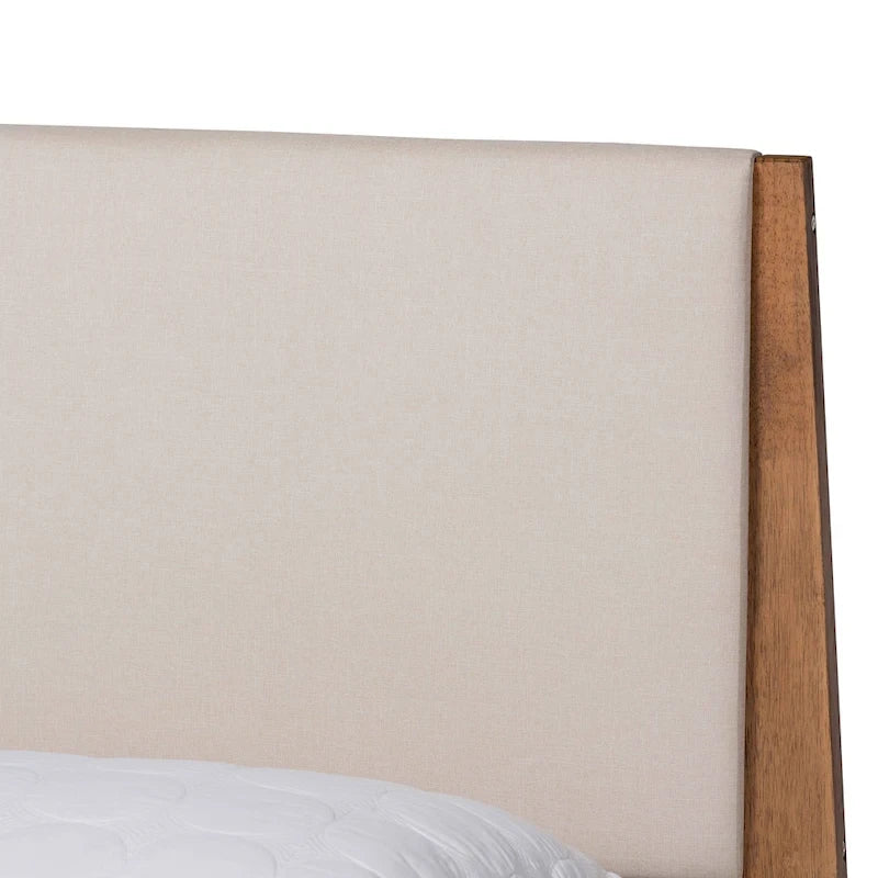 Mid-Century Modern Fabric Upholstered Wood Platform Bed in Beige