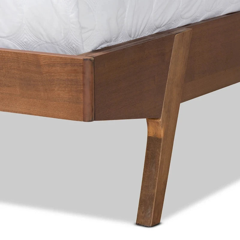Mid-Century Modern Fabric Upholstered Wood Platform Bed in Beige