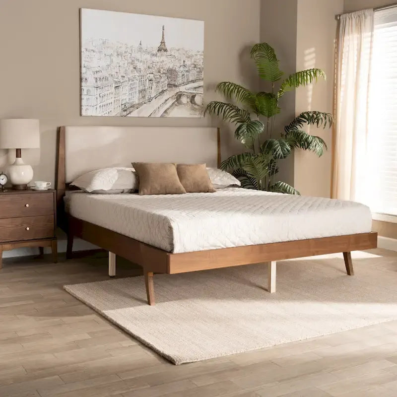 Mid-Century Modern Fabric Upholstered Wood Platform Bed in Beige