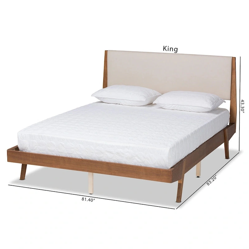 Mid-Century Modern Fabric Upholstered Wood Platform Bed in Beige