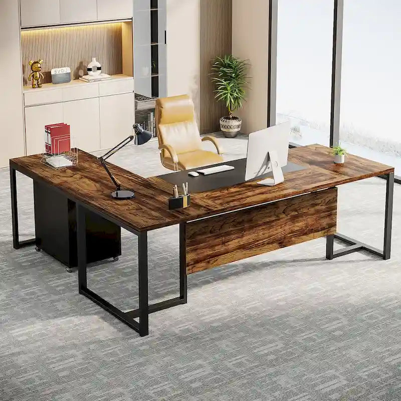 70.8 Executive Desk with File Cabinet, Large L-Shaped Office Executive Desk Computer Desk