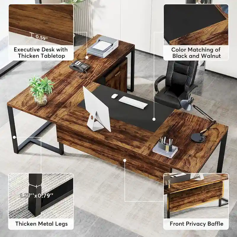 70.8 Executive Desk with File Cabinet, Large L-Shaped Office Executive Desk Computer Desk