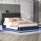 Gepolstertes Plattformbett mit hydraulischem Stauraumsystem, Queen-Size Kunstleder-Bett mit LED-Beleuchtung und USB-Ladegerät, Schwarz