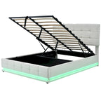 Gepolstertes Plattformbett mit hydraulischem Stauraumsystem, Queen-Size Kunstleder-Bett mit LED-Beleuchtung und USB-Ladegerät, Schwarz