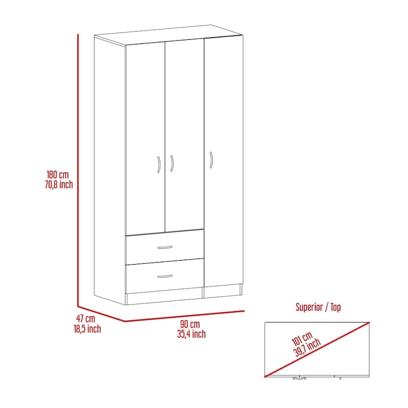 3 Door Armoire with Drawers, Shelves, and Hanging Rod