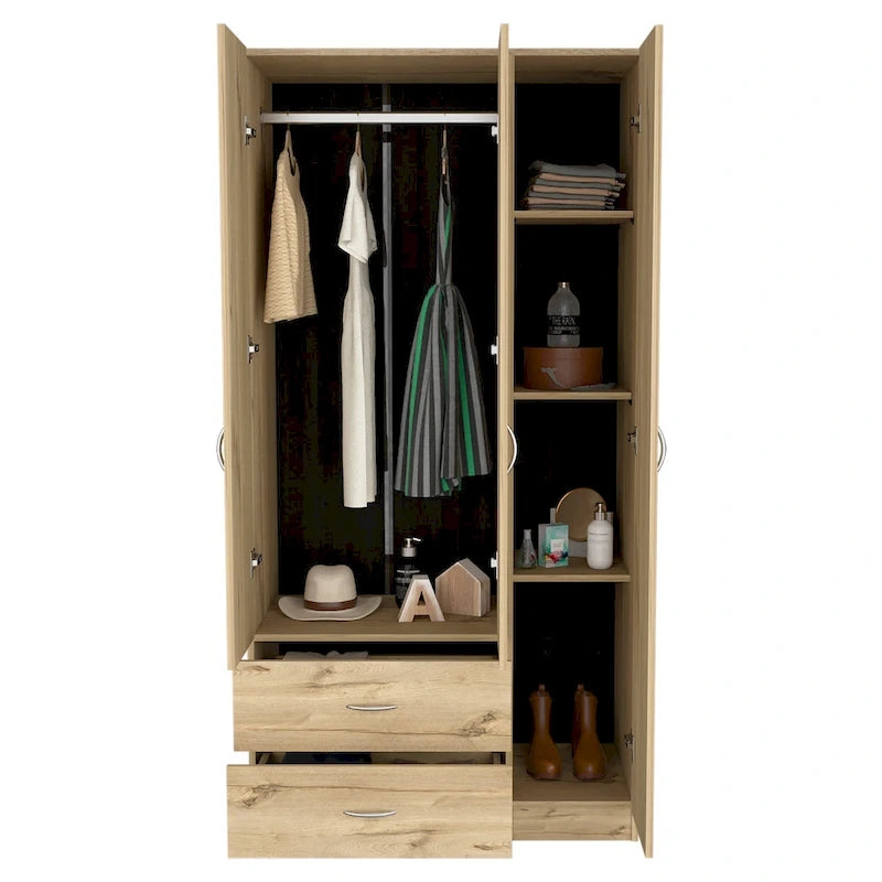 3 Door Armoire with Drawers, Shelves, and Hanging Rod