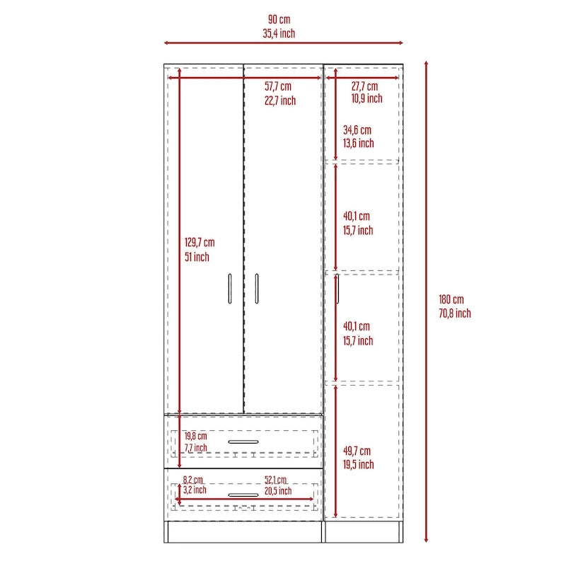 3 Door Armoire with Drawers, Shelves, and Hanging Rod