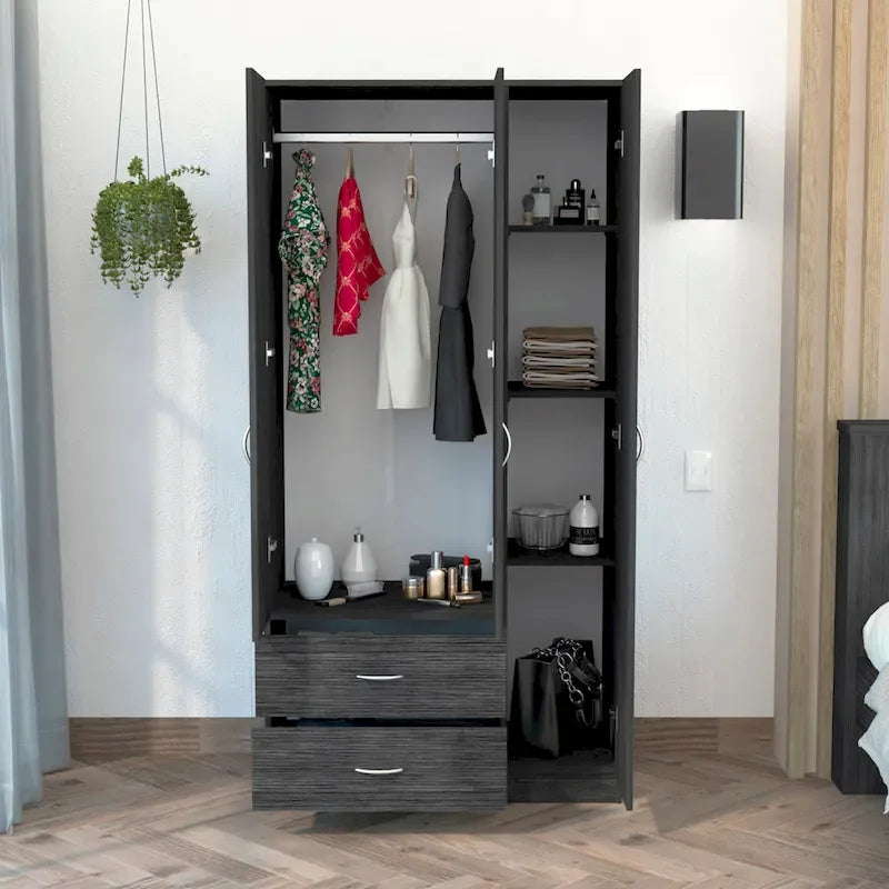 3 Door Armoire with Drawers, Shelves, and Hanging Rod