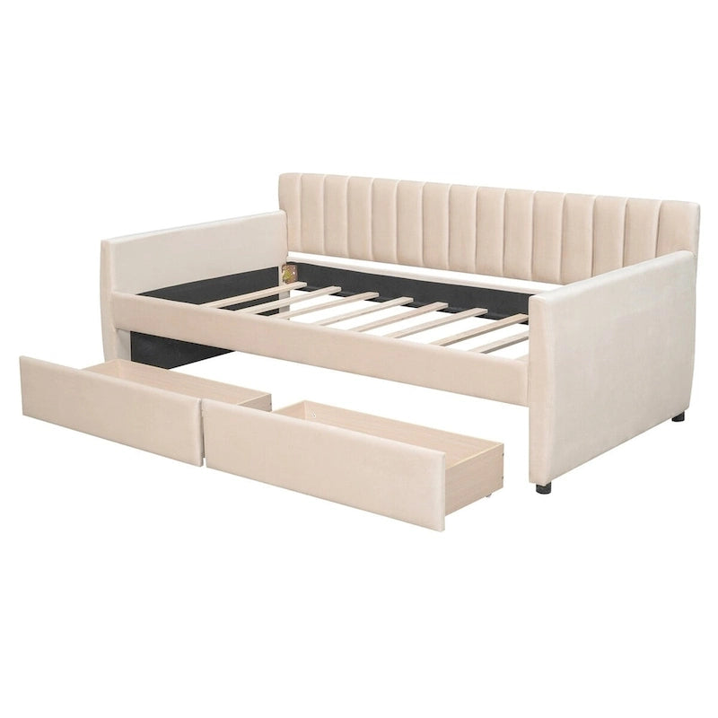 Merax Upholstered daybed with Drawers/Trundle, Wood Slat Support