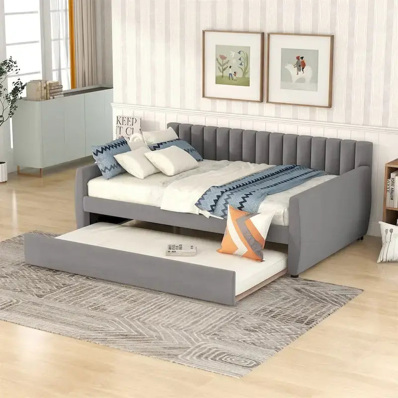 Merax Upholstered daybed with Drawers/Trundle, Wood Slat Support