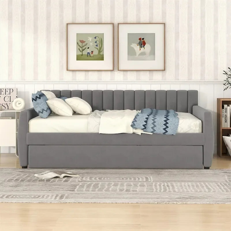 Merax Upholstered daybed with Drawers/Trundle, Wood Slat Support