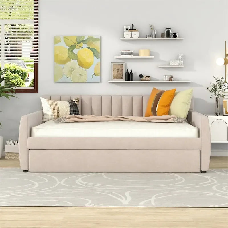 Merax Upholstered daybed with Drawers/Trundle, Wood Slat Support