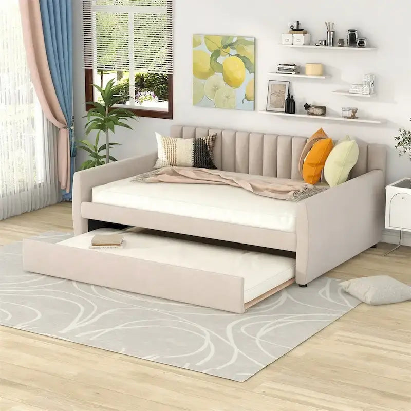 Merax Upholstered daybed with Drawers/Trundle, Wood Slat Support